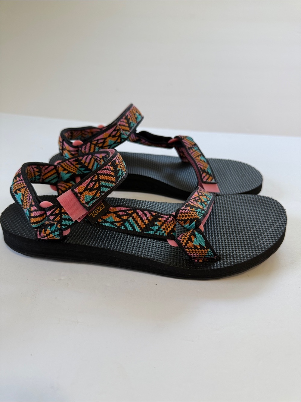 Teva Black Sandals with Pink, Turquoise & Orange Geometric Straps